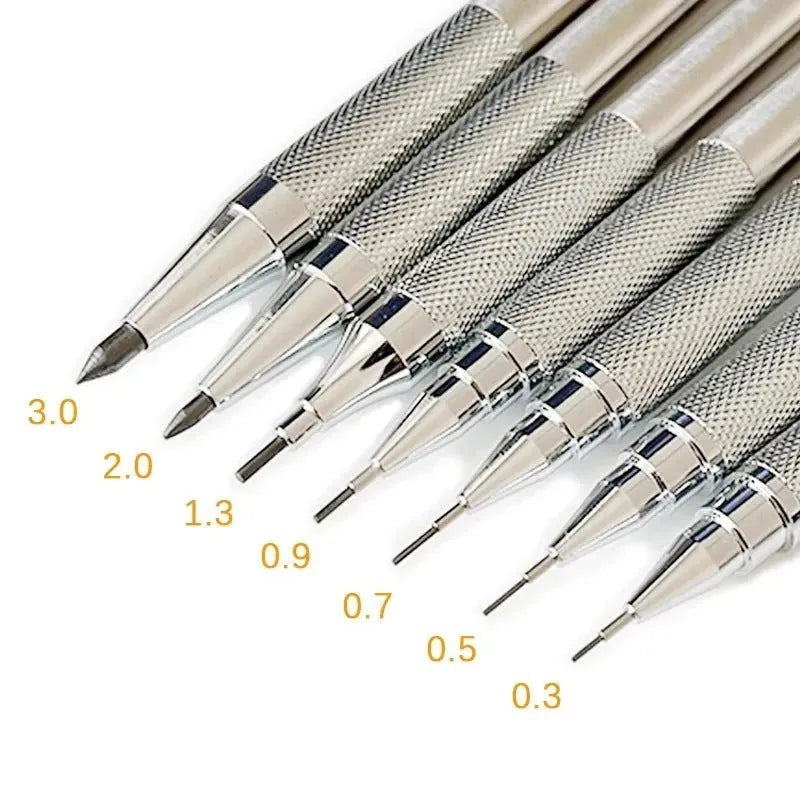 Metal automatic mechanical pencil with various lead specifications displayed