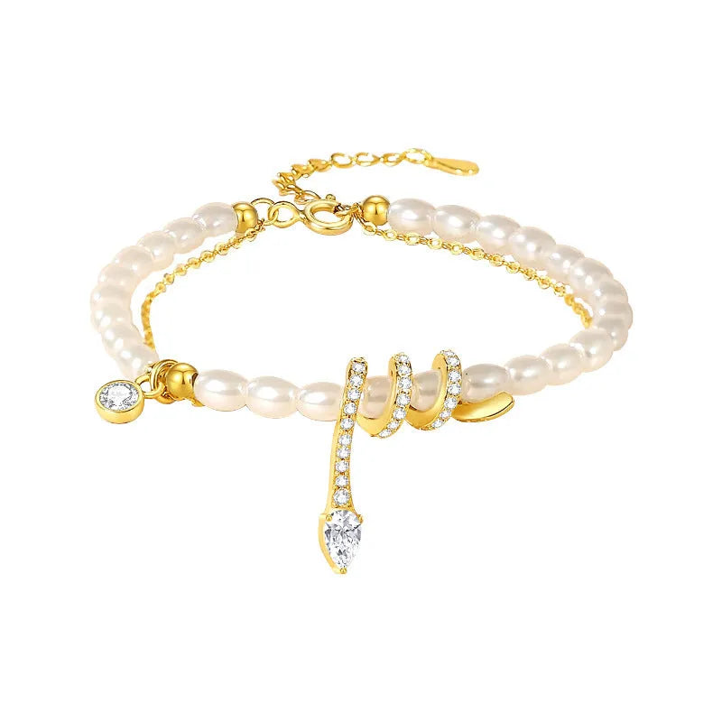 Pearl snake 925 silver bracelet with geometric beading and electroplated gold finishes