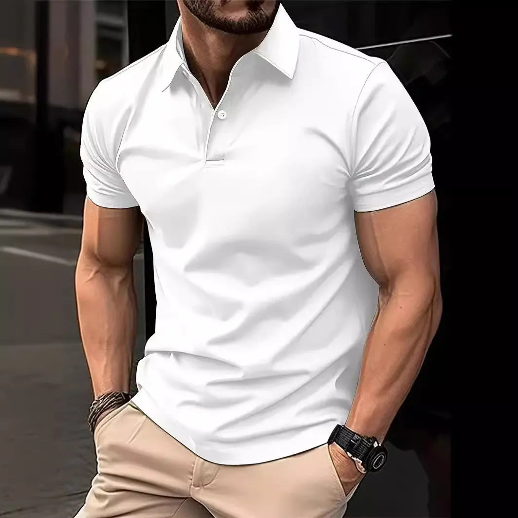 Men's slim fit solid colour short sleeve button-up shirt on a hanger