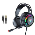 Black wired PC gaming headset with microphone showing 3.5mm plug and USB plug options