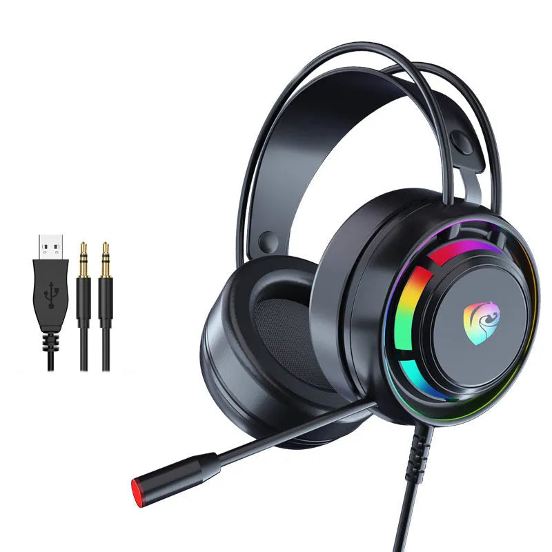 Black wired PC gaming headset with microphone showing 3.5mm plug and USB plug options