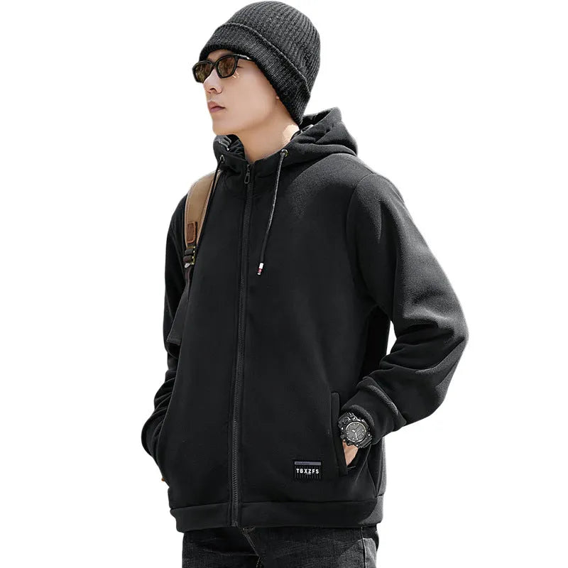 Men's hooded lamb wool loose jacket in camel with brushed finish, shown front view, available in sizes M to 8XL