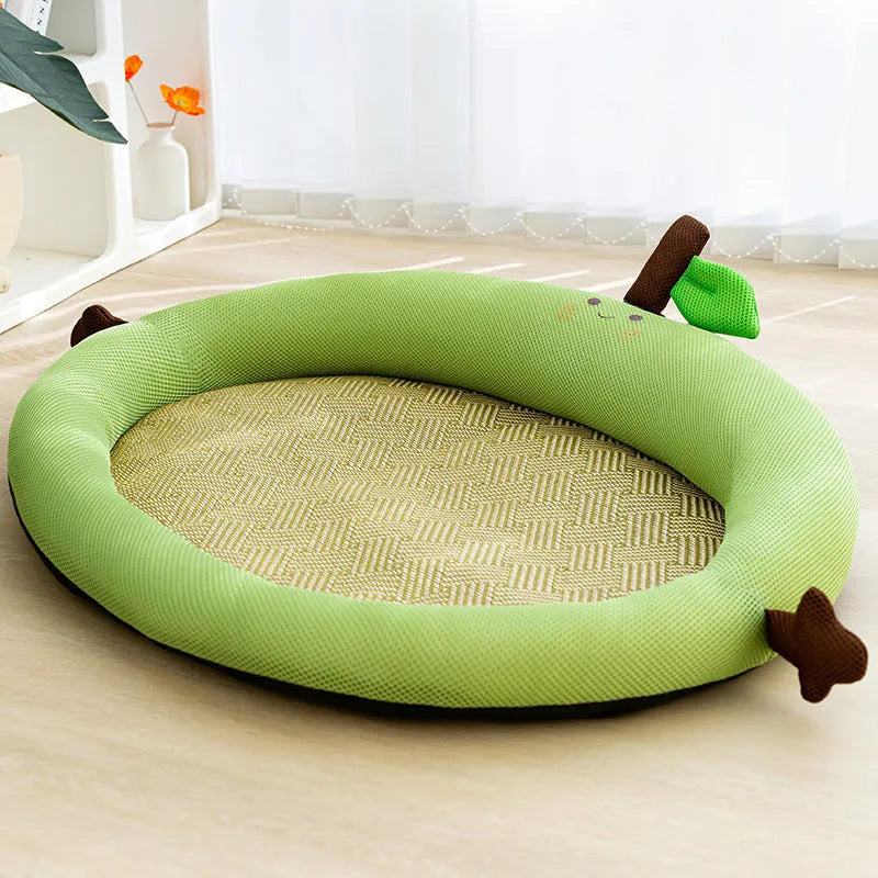Green fruit backrest pet cooling mat bed for dogs cats with plush fabric