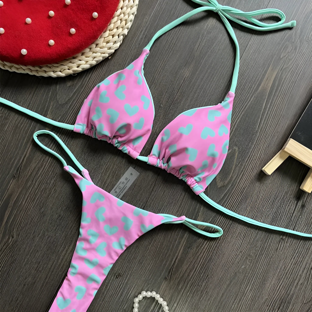 Heart pattern backless swimsuit with briefs style and split design for swimming activities