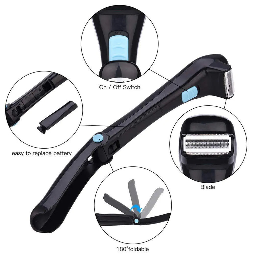 Black folding electric body hair shaver on a white background.
