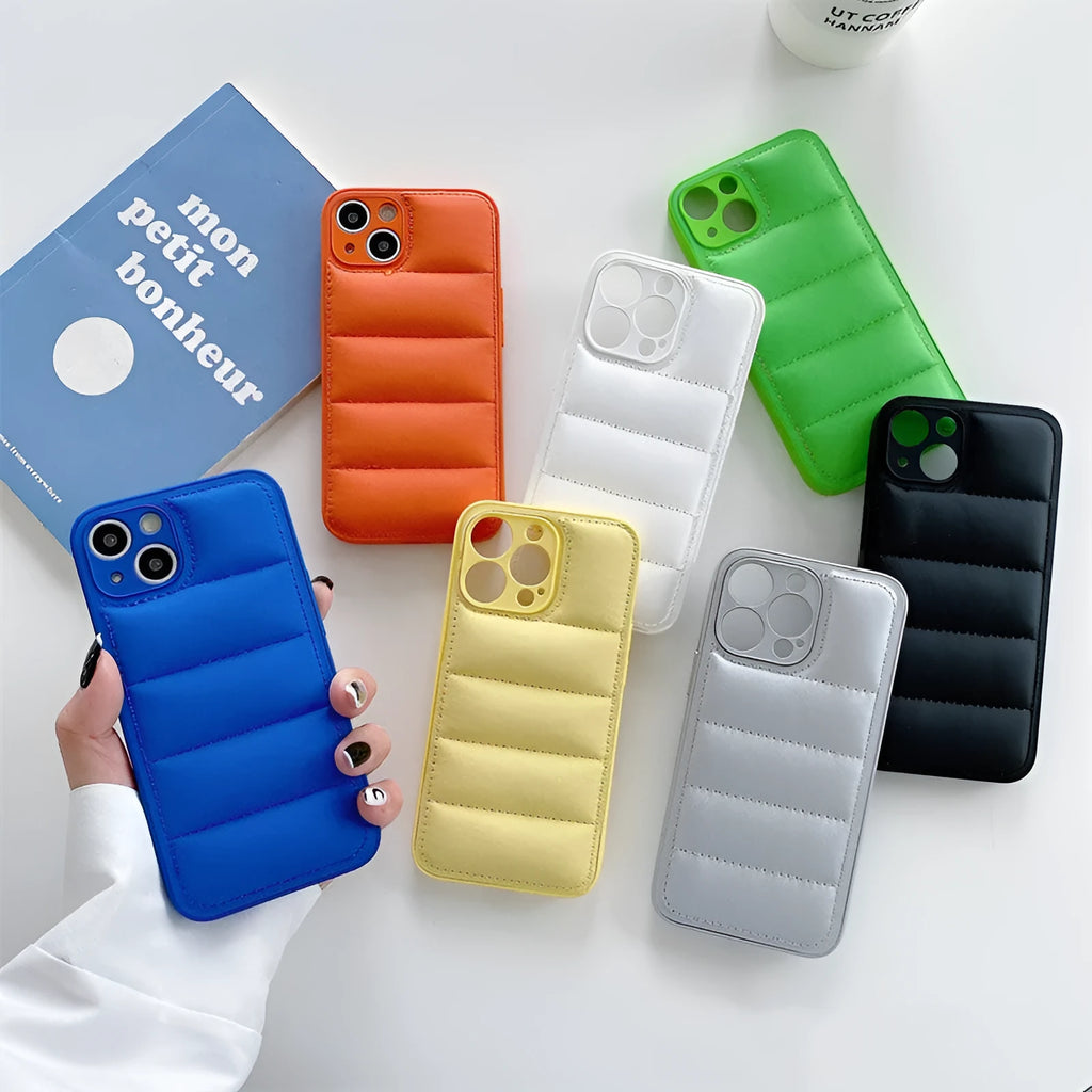 Fashion solid colour down jacket phone case for Apple iPhone in orange with TPU and PC back cover