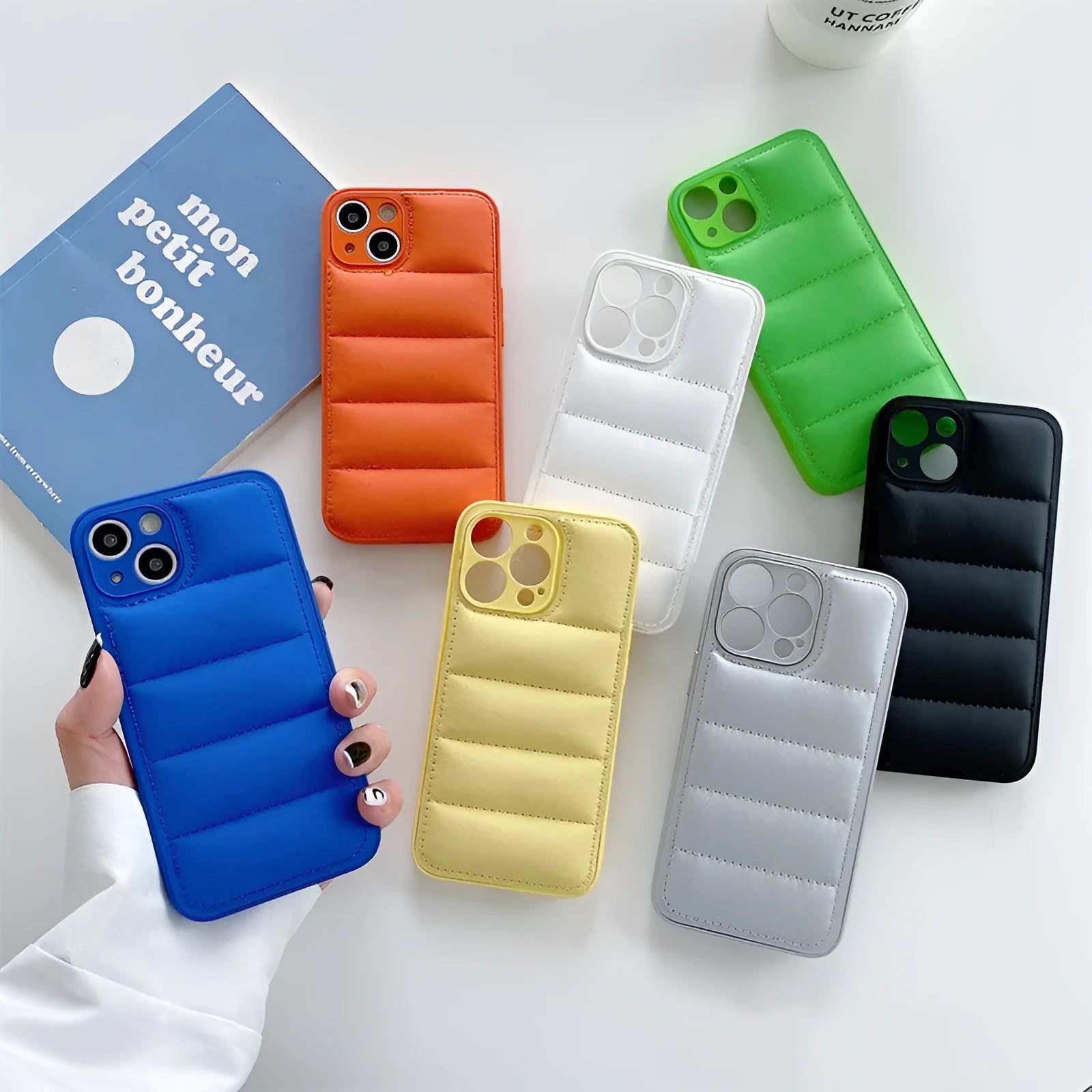 Fashion solid colour down jacket phone case for Apple iPhone in orange with TPU and PC back cover