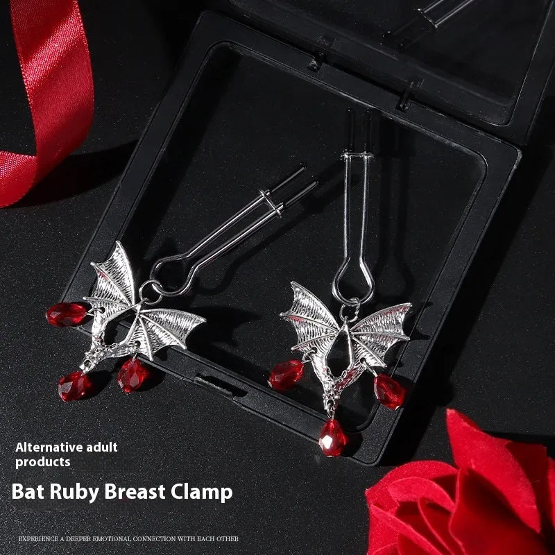 Silver alloy diamond bat nipple clamp with ruby bat clip design for adjustable stimulation
