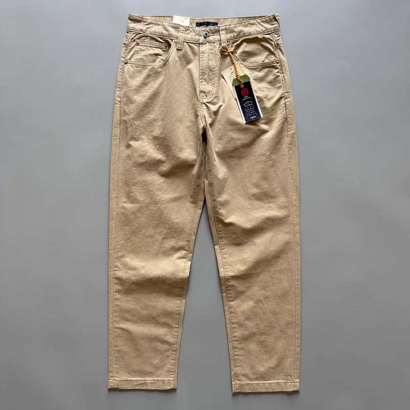 Men's straight-leg cotton trousers in army green shown flat, detailing the five-pocket design and mid-waist fit.