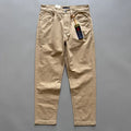 Men's straight-leg cotton trousers in army green shown flat, detailing the five-pocket design and mid-waist fit.