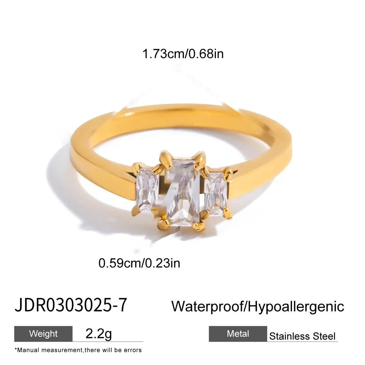 Geometric stainless steel zircon ring with no-fade finish on a hand.