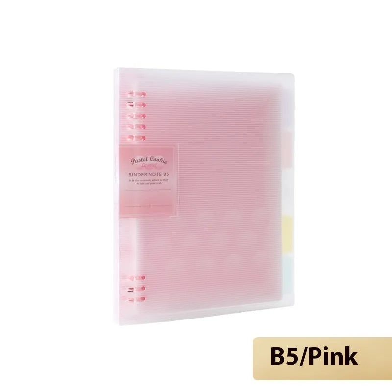 Refillable loose spiral notebook with PP cover in pastel cookie design, A5 and B5 size options shown