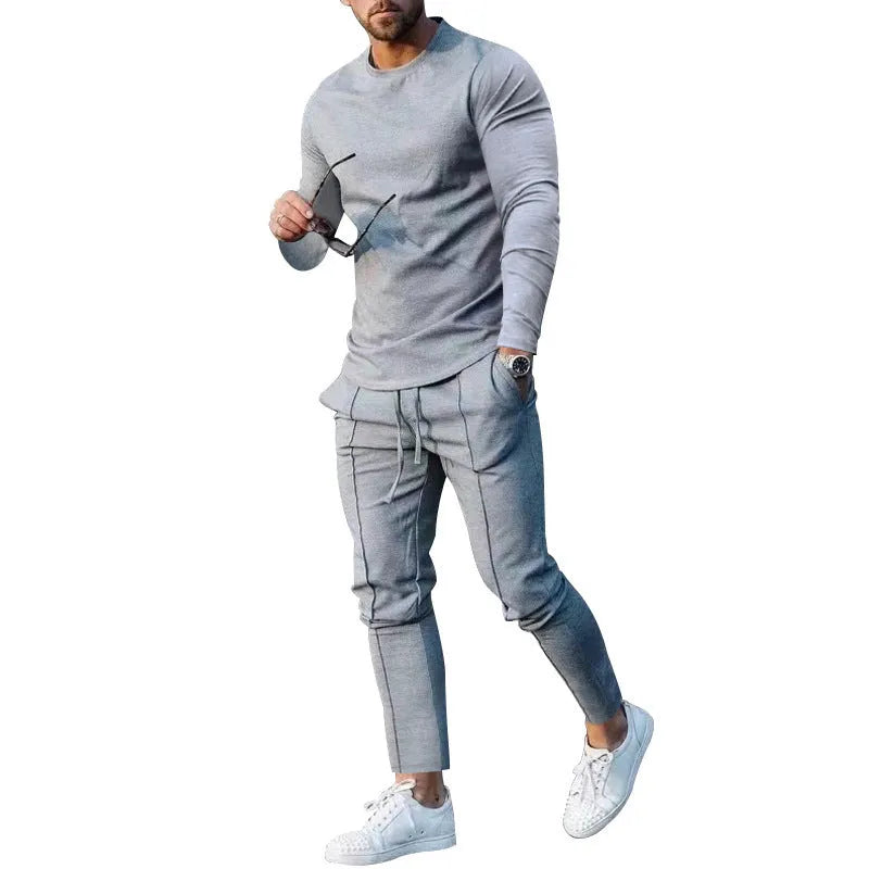 Men's light grey round neck long sleeve T-shirt and trousers two-piece polyester casual set