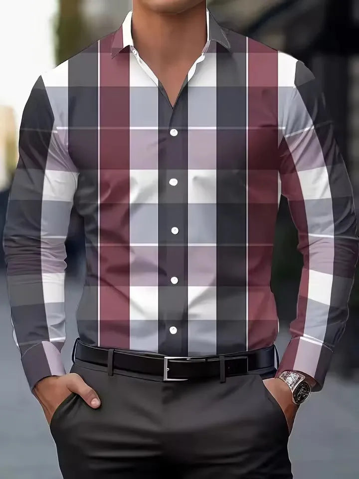 Man wearing a printed long sleeve shirt with a button lapel collar, showing the striped pattern.