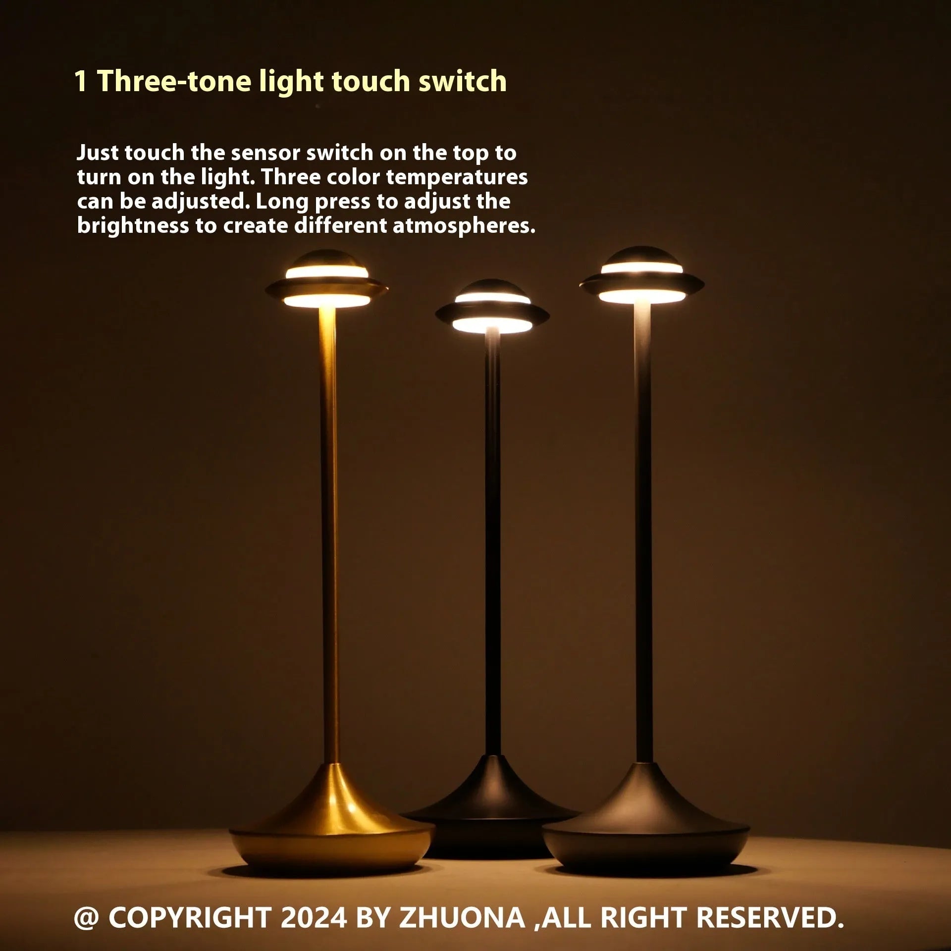 Gold UFO-shaped metal table lamp with touch dimming controls on a desk.
