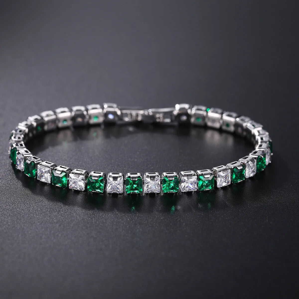 Electroplated real platinum women's square zircon bracelet with gang drill details in assorted colours.