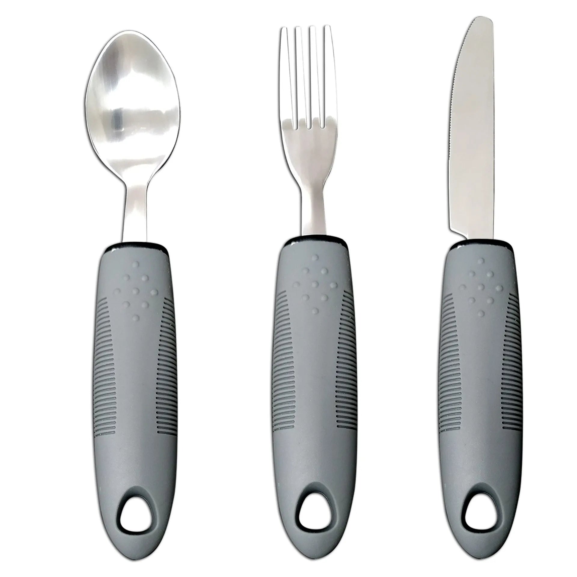 Stainless steel adaptive tableware with rubber handles in black and grey curved and straight designs