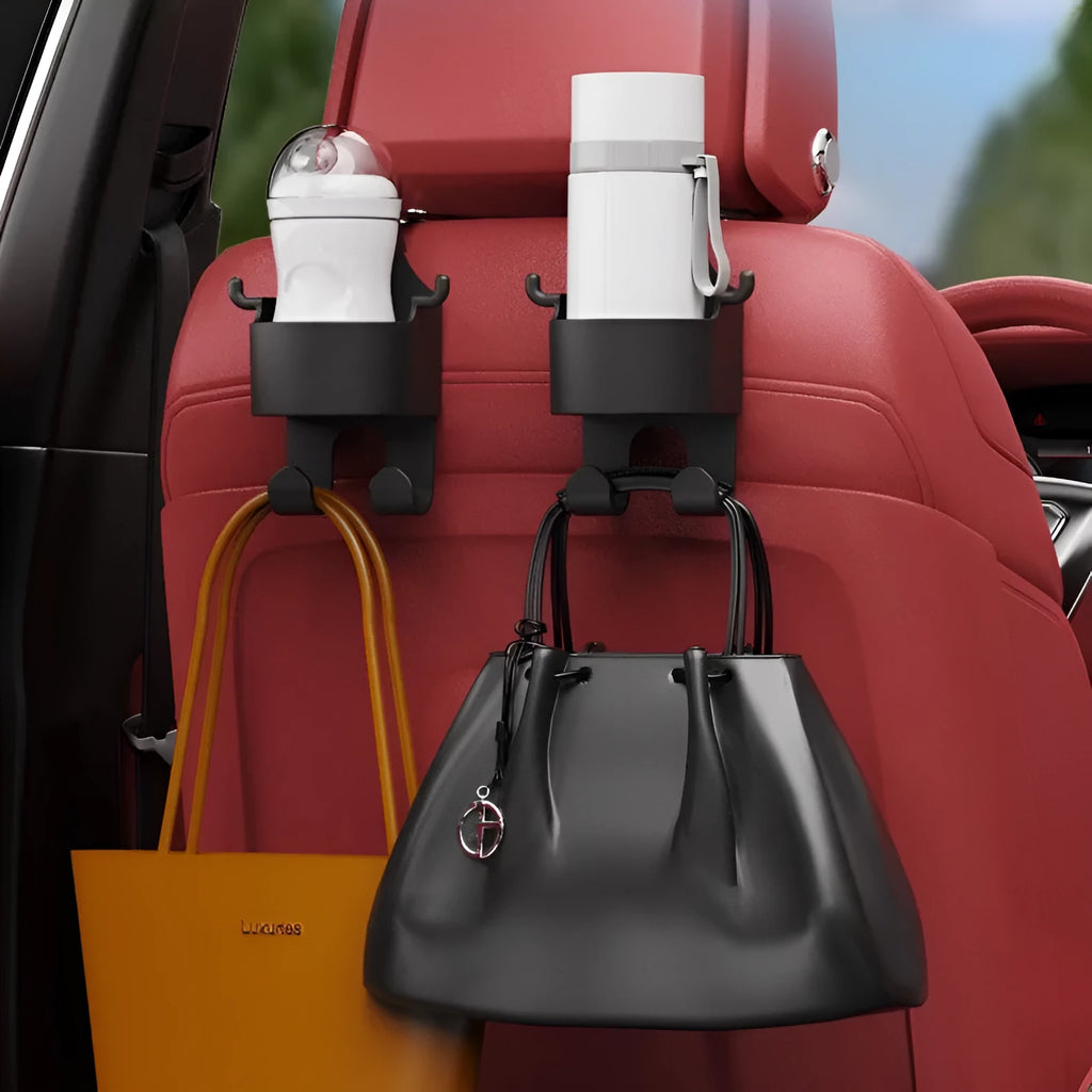 Black plastic car seat back hook and cup holder organiser measuring 8.5 by 7.1 by 14.4 centimetres
