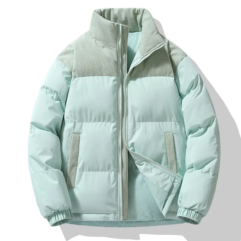 Unisex winter stand-collar padded coat in solid colour, loose fit, side seam pockets, polyester fabric