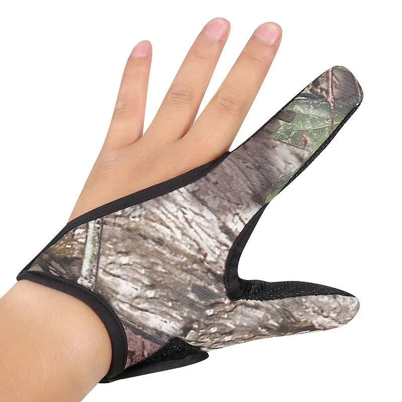 Two-finger fishing glove in camouflage colour showing diving cloth back and microfiber palm.