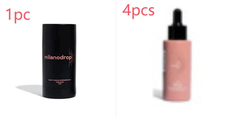 Self-tanning set showing 50ml tanning drops bottle and 75ml tanning glitter cream tube with black essence.
