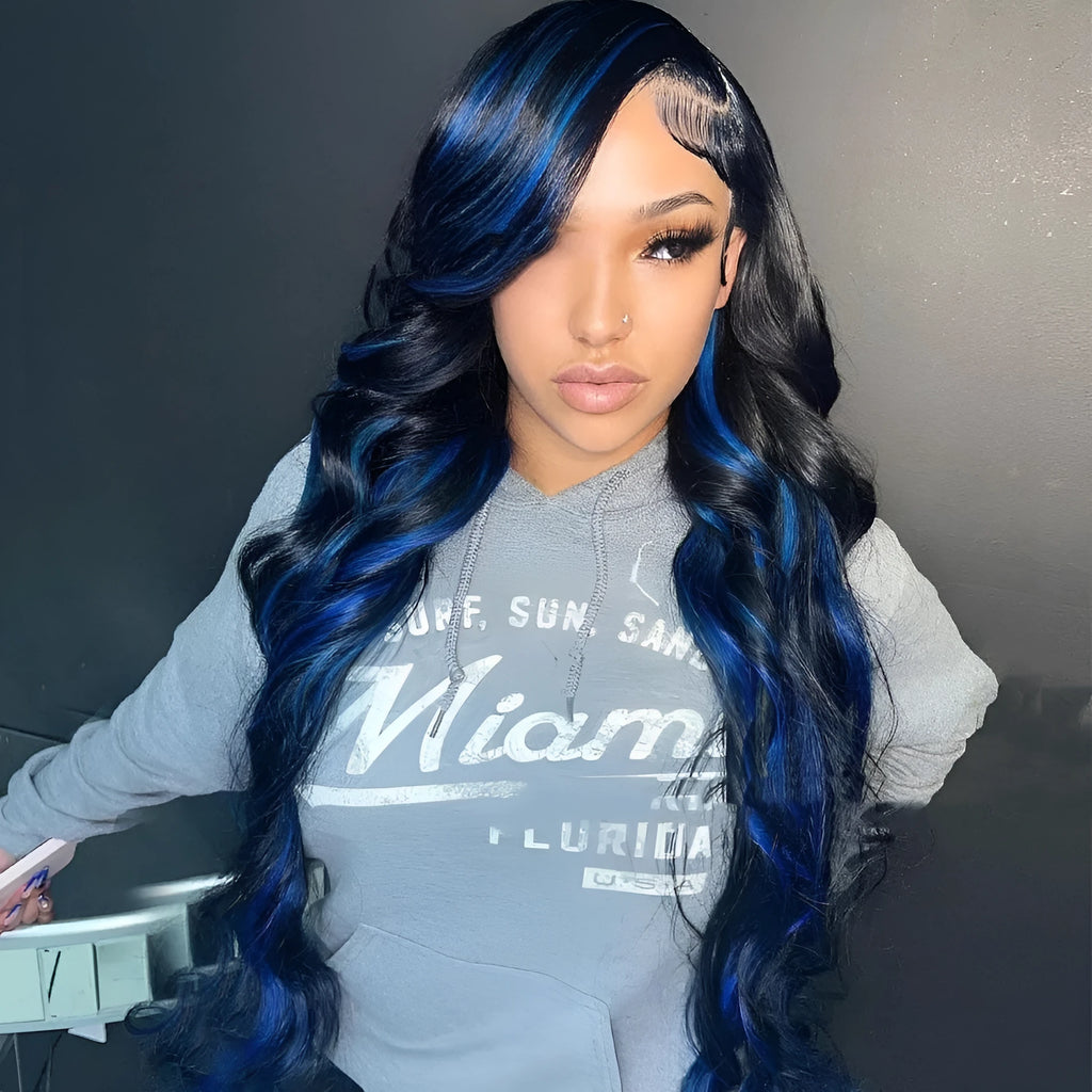 Human hair lace front wig with 4x4 lace frontal shown in star fashion style