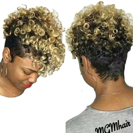 Women's short synthetic wig with simple rolls styling in exotic design showing Kanekalon fibre construction