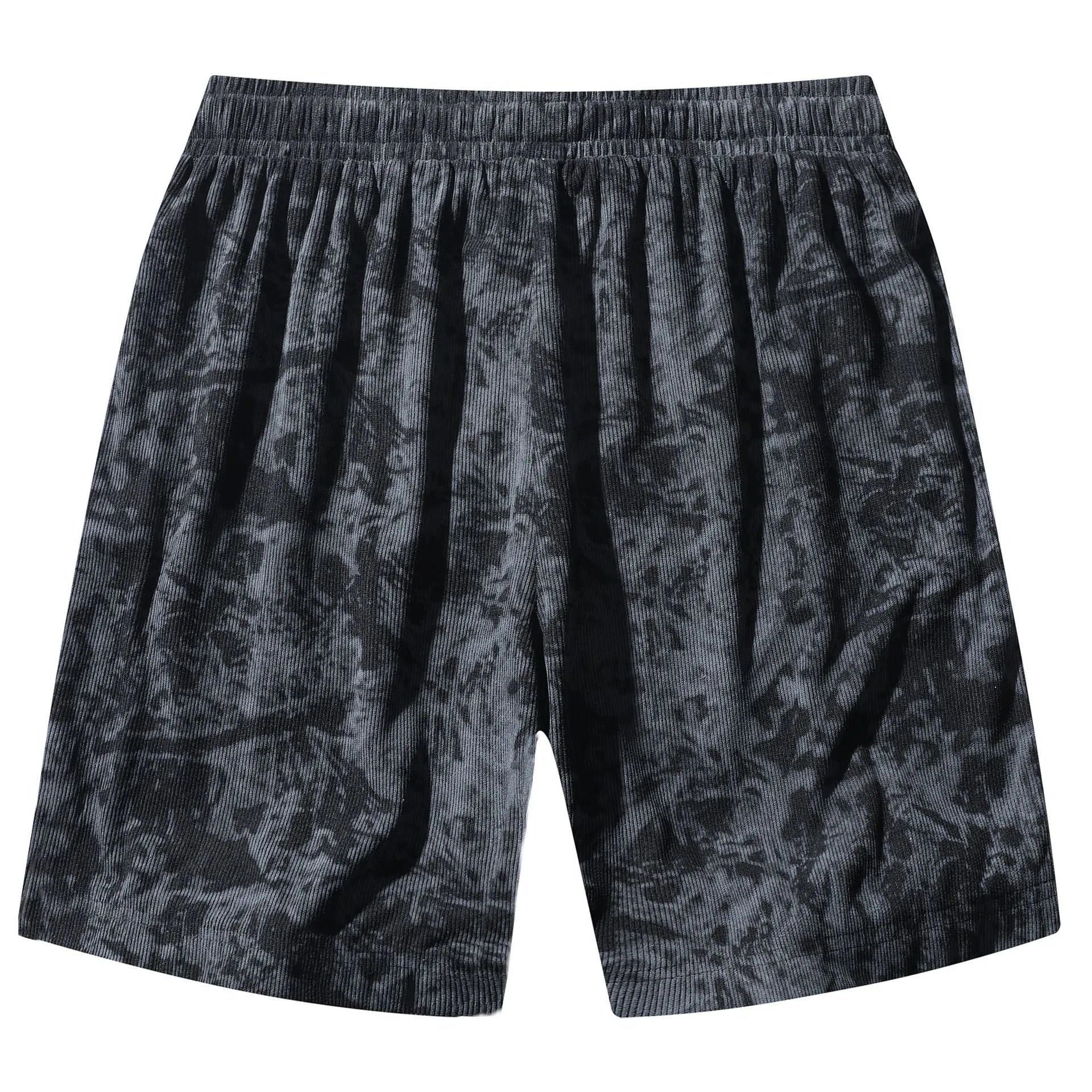 Men's camouflage pattern corduroy athletic shorts in straight cut with high waist.