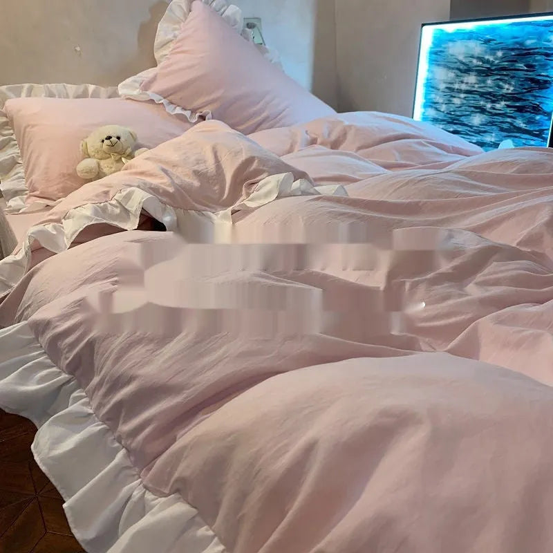 Mori style washed cotton four-piece bedding set in a solid colour lace shade, showing quilt cover and pillowcases.