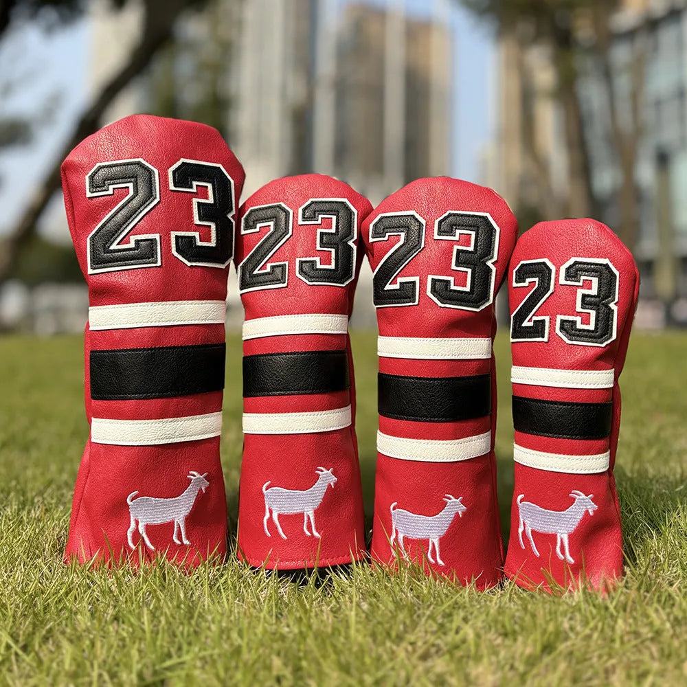 Set of four PU golf club head cover sleeves in assorted colours for fairway woods and putter.