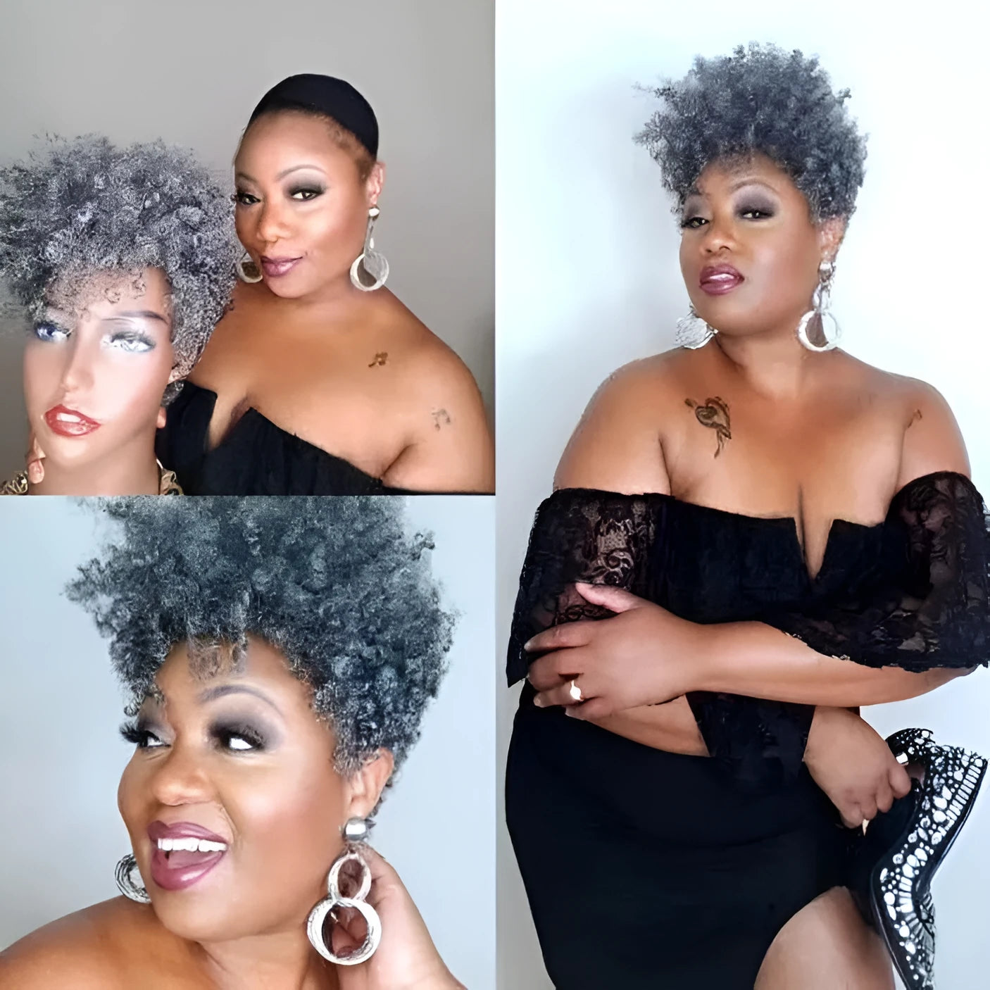 Women's short synthetic wig with simple rolls styling in exotic design showing Kanekalon fibre construction