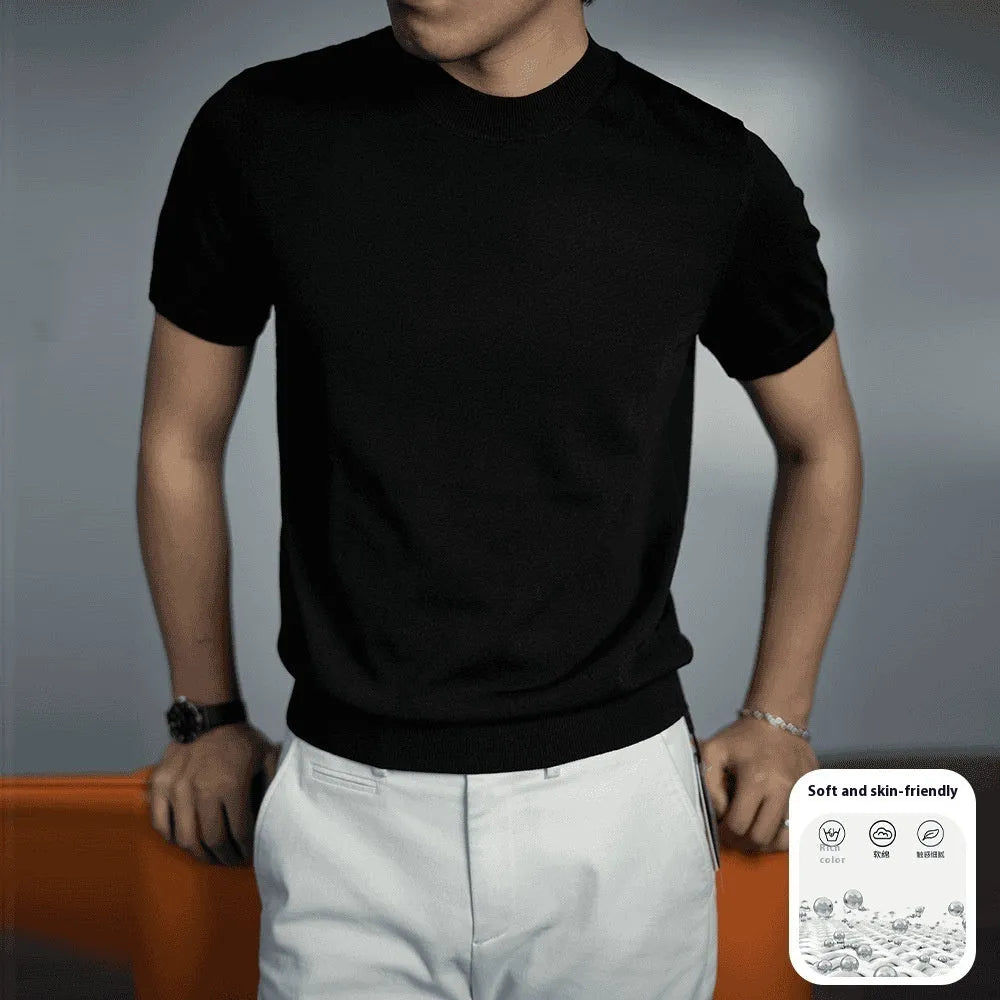 Men's knitted round neck T-shirt in a solid colour, showing short sleeves and non-iron finish.