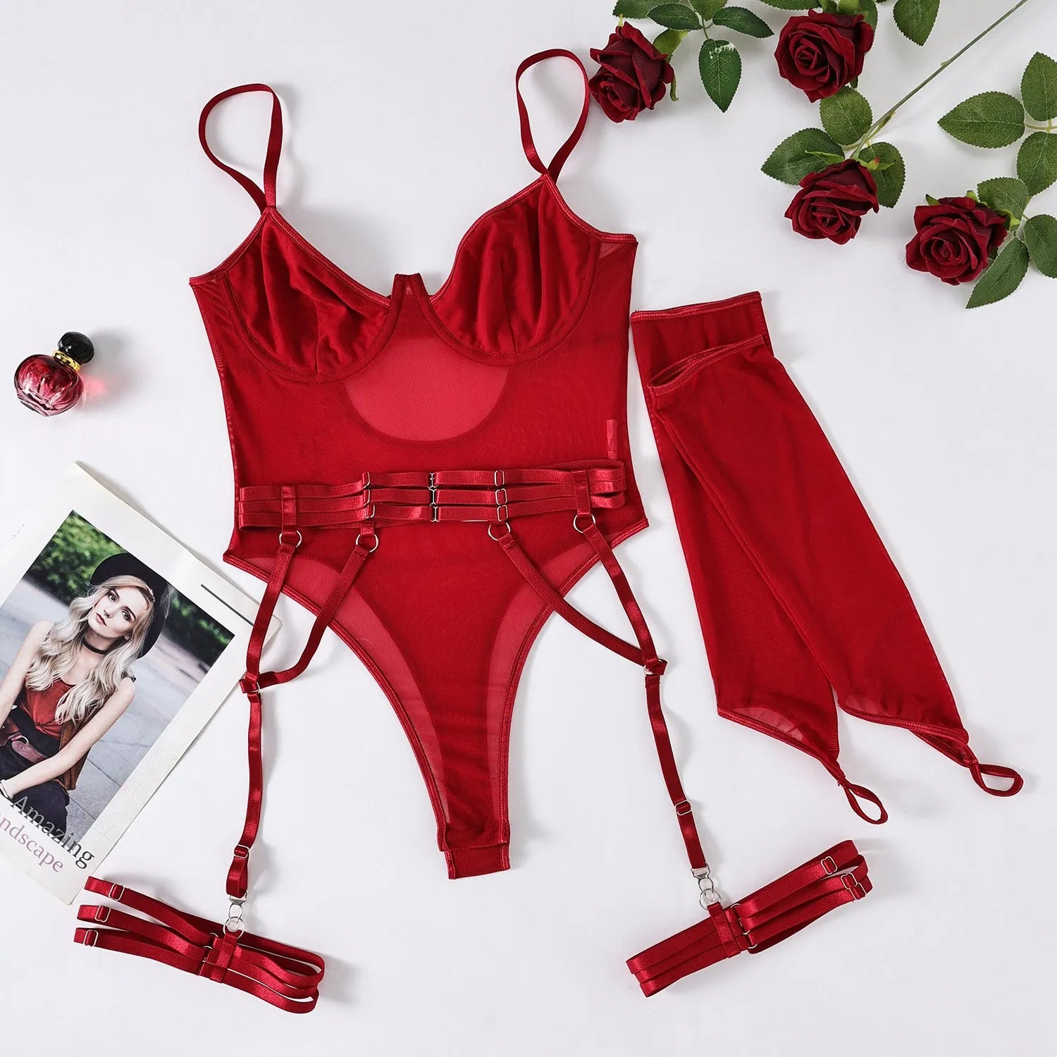 Transparent mesh jumpsuit for women in red colour showing full-body onesie design