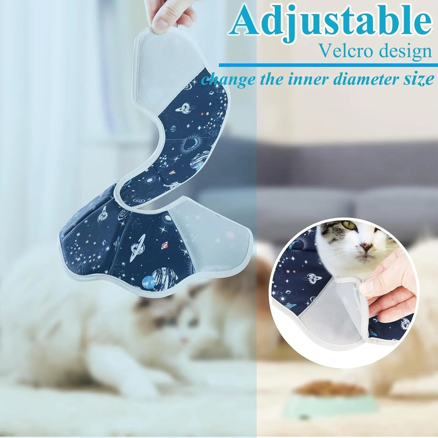 Soft adjustable cat recovery collar in constellation design for post-surgery protection