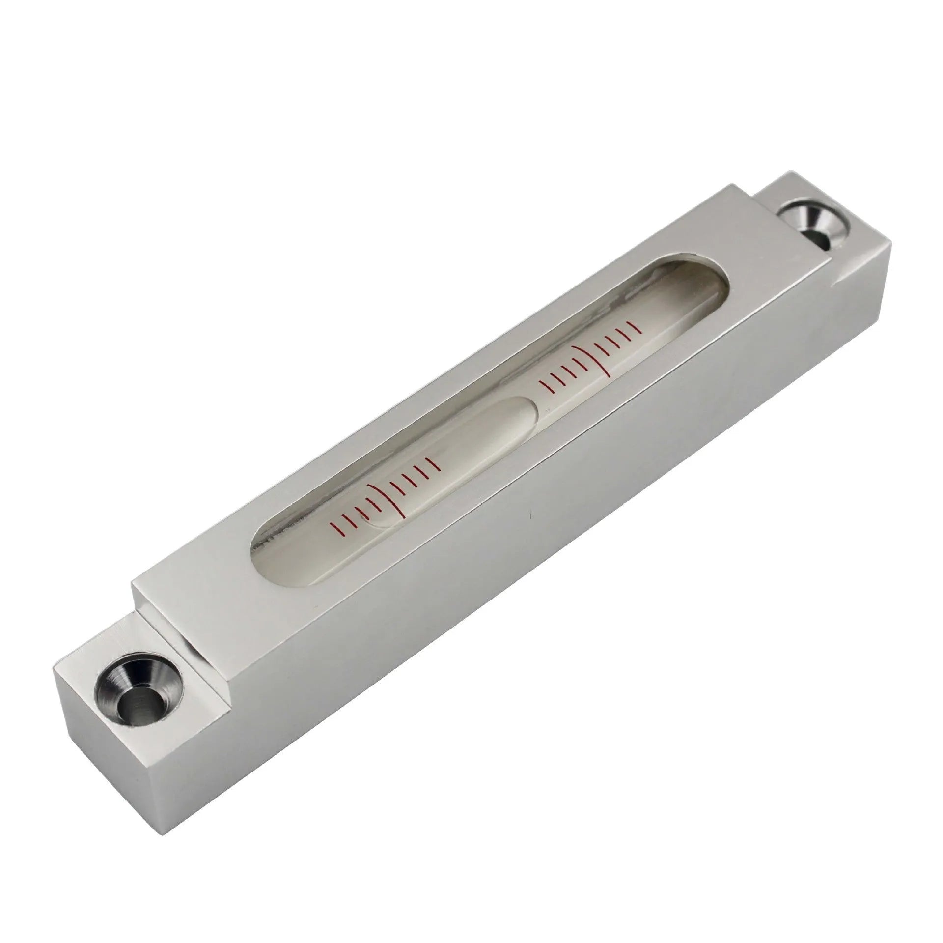 Mini metal and glass strip spirit level showing 132mm length with clear vial containing 500 blisters