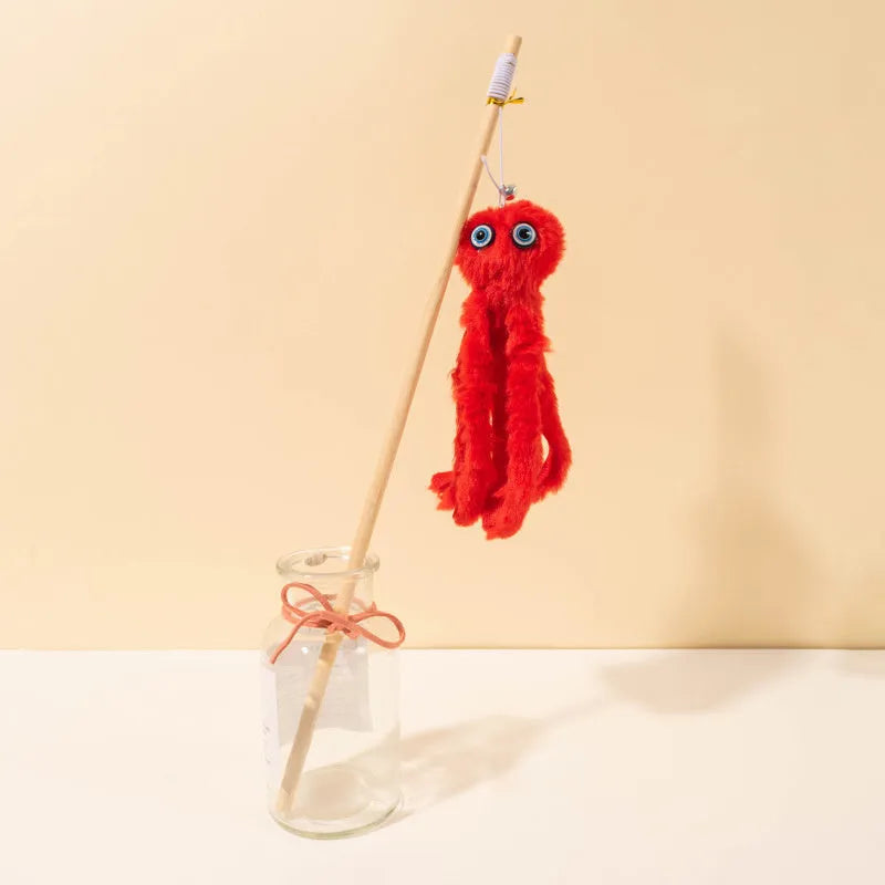 Octopus-themed furry cat toy with eyes on 40cm long stick for indoor kitten play