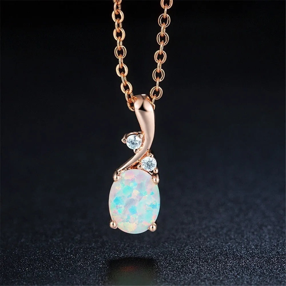 Water drop opal pendant necklace on adjustable O-chain in rose gold electroplated finish