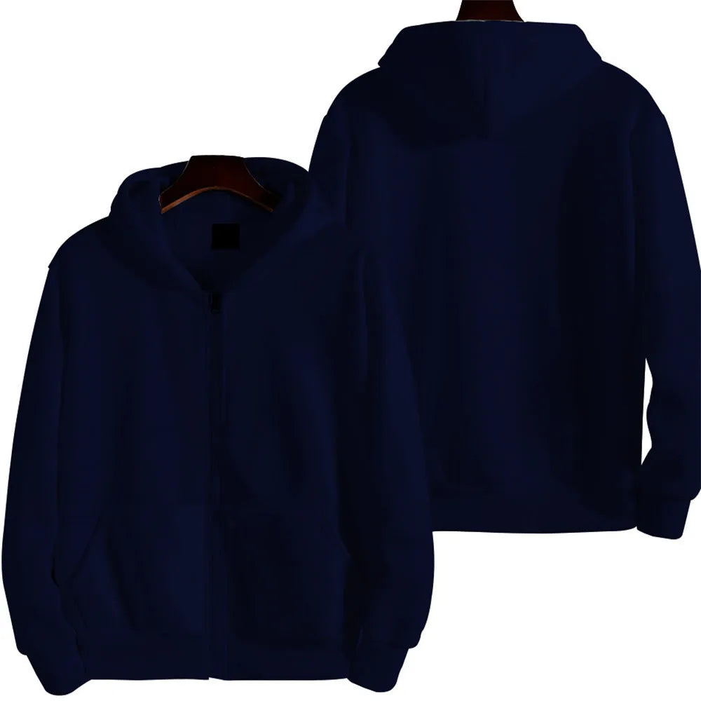 Men's loose fit solid colour zip front jacket in black, shown on a hanger.