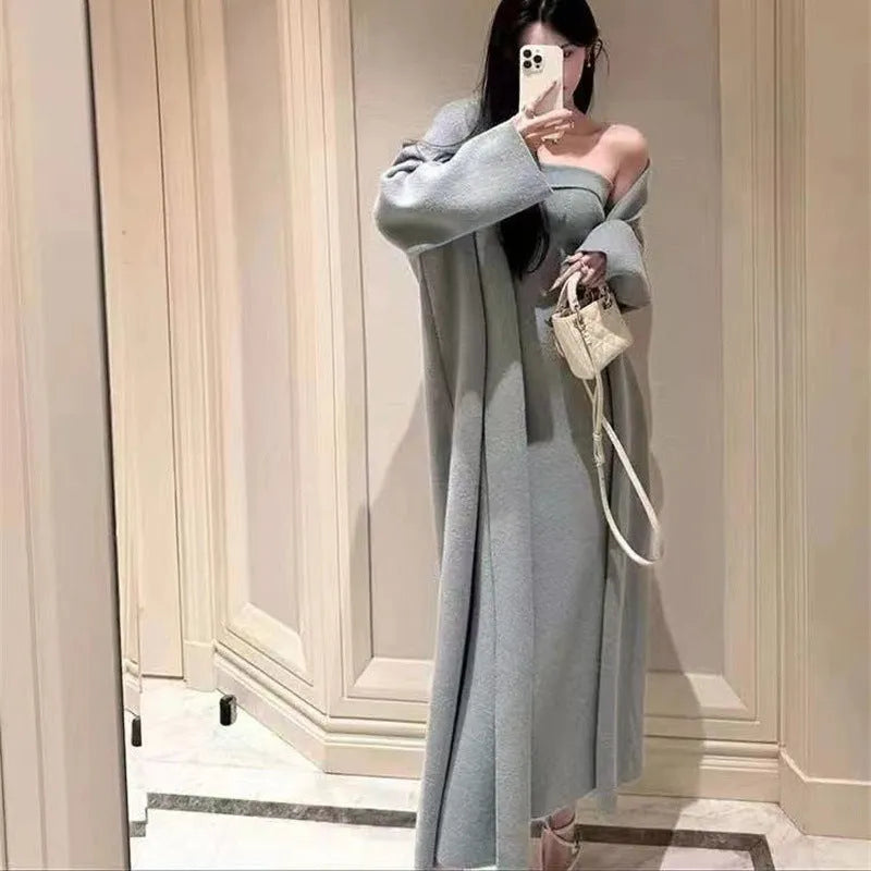 Women's gray knitted cardigan dress suit set with matching coat and flocking detail