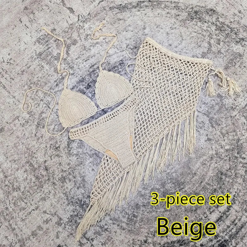 3-piece crochet bikini swimsuit set with matching beach skirt in solid colour