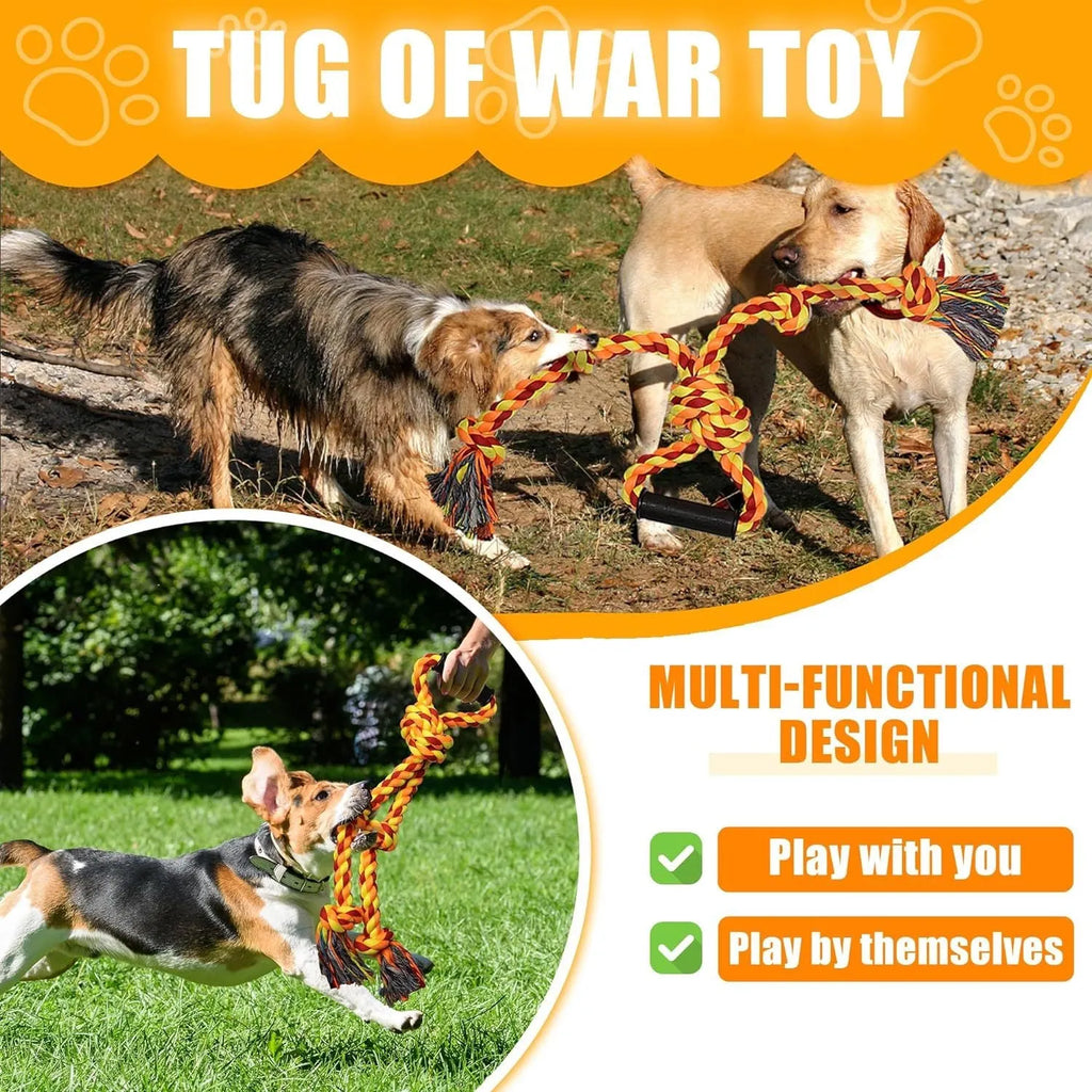 Blue and yellow cotton rope dog toy with ergonomic handle for large breed aggressive chewers