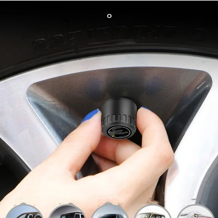 Black Bluetooth 5.0 automotive tyre pressure monitoring system kit with four external sensors and a wrench