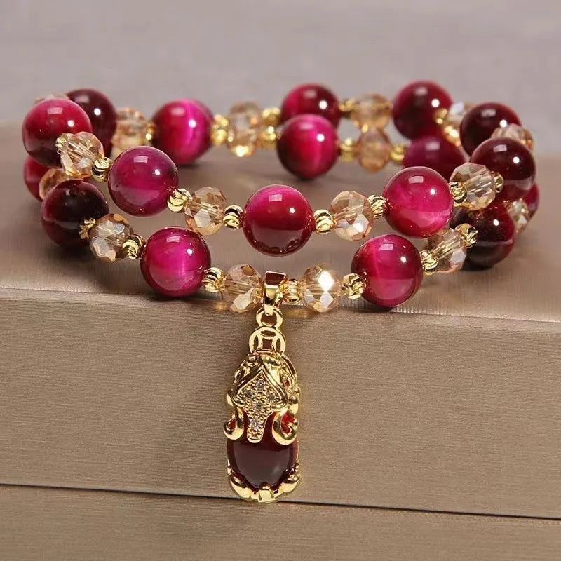 Handmade natural Tigereye stone bracelet with chain design in green or rose red colour options