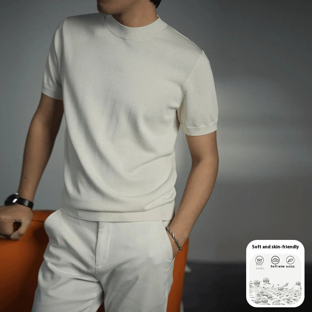 Men's knitted round neck T-shirt in a solid colour, showing short sleeves and non-iron finish.