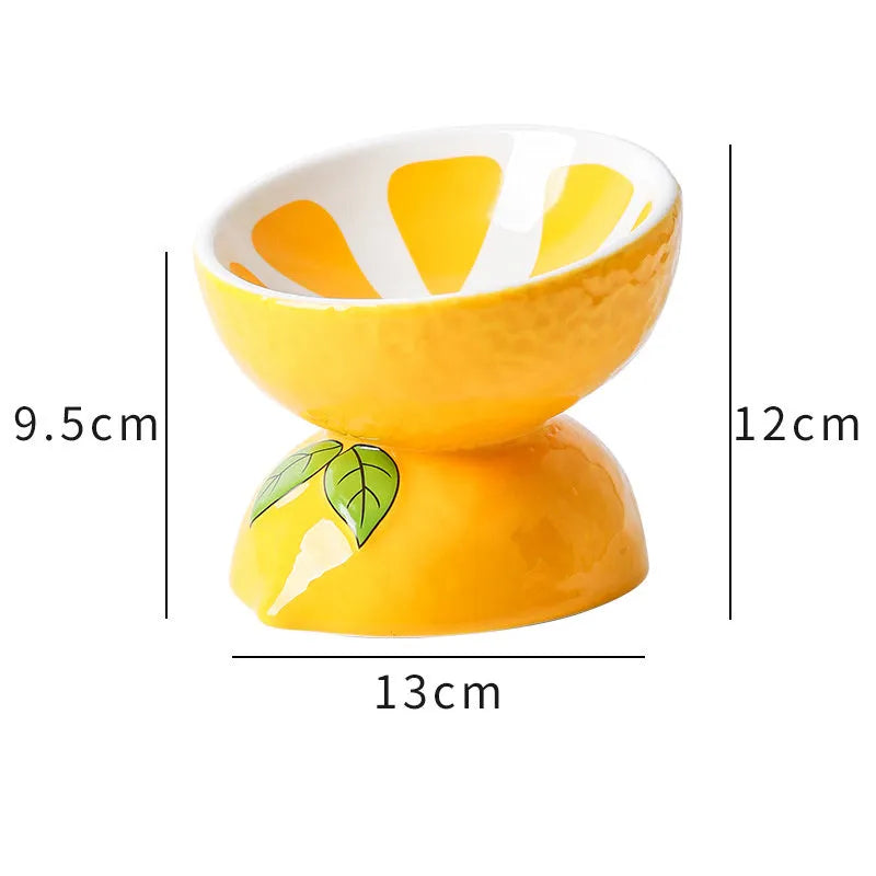 Ceramic elevated cat bowl with tilted design in orange, pitaya, or watermelon patterns