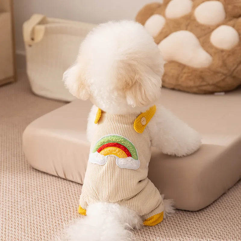 Dog jumpsuit in corduroy fabric with rainbow print, beige and brown options, for small dogs autumn winter