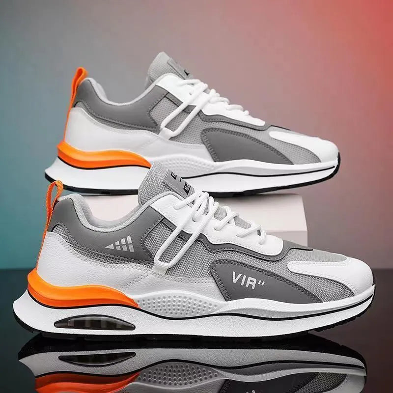 Men's grey breathable mesh casual running shoes with a round toe and EVA sole on a white background.
