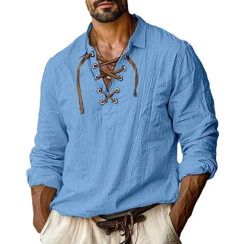 Men's plus size loose fit linen shirt with lapels and lace detail on long sleeves