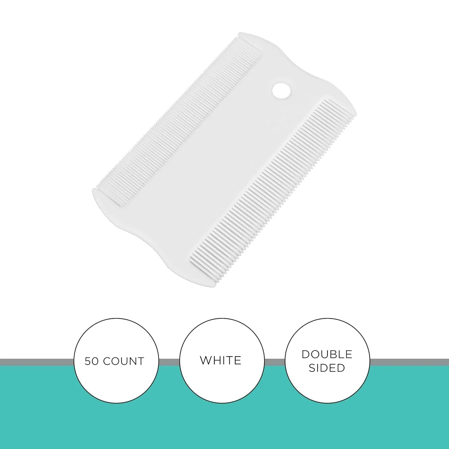 Small white plastic dual-sided pet flea comb for cats and dogs on a plain background.