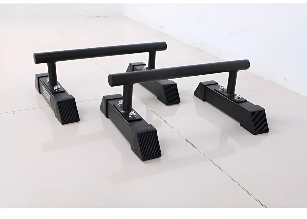 Black thick steel pipe parallel bars for home fitness measuring 35x20x20cm